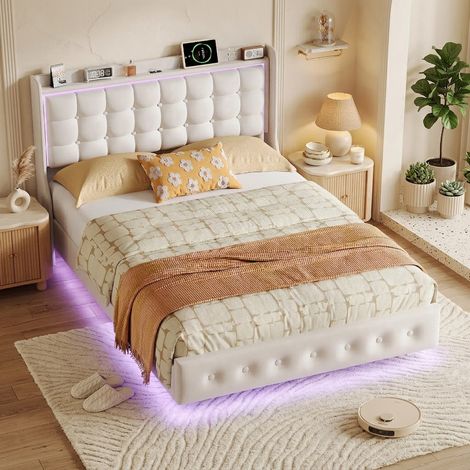 Lit Double 140x200 cm, avec prise USB et lumière LED, Lit Capitonné avec Sommier à Lattes, conception de pieds cachés, sans Matelas, Velours, Beige (1/5)