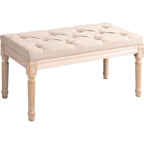 Banc de style vintage, capitonnage à boutons, pieds tournés, style shabby chic, couleur crème (1/5)