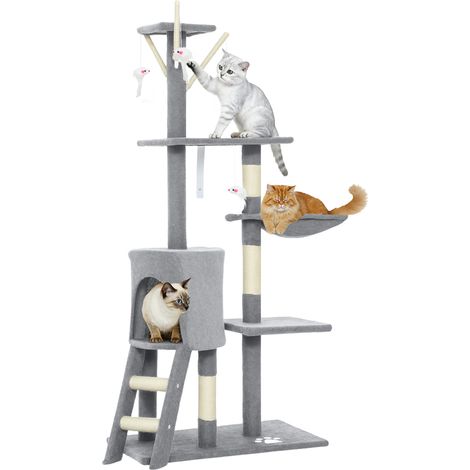 Arbre à griffer pour chat Hauteur 134 cm, 6 poteaux 3 plateformes Hamac de grotte Échelle 4 jouets suspendus Gris