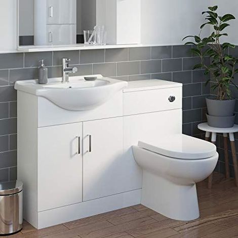 White Bathroom Vanity Unit & Single Tap hole Basin Sink Storage Floorstanding 1110mm Toilet Combination Unit