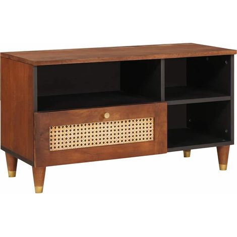 Meuble TV rectangulaire moderne avec étagères 80 x 33,5 x 46 cm en bois de mangue massif brun