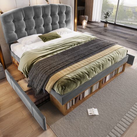 MEUBLIV Lit 140x190 cm gris – tête de lit réglable, rangement, sans matelas (1/5)