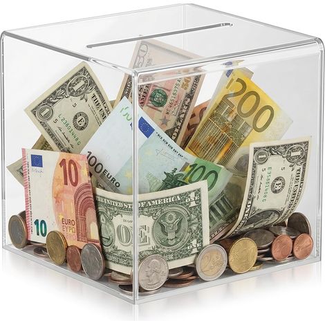 Tirelire - 1 Unité - Acrylique Transparent - Sans Ouverture - Épargne Billets et Pièces - 12x12x12cm (1/5)