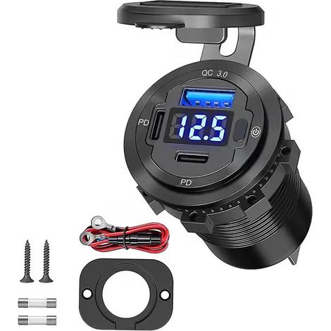 Chargeur de voiture USB-C intégré 78 W : Qidoe 12 V, double prise USB PD3.0 et QC3.0, chargeur de voiture 12 volts en aluminium avec interrupteur marche/arrêt et affichage de la tension.