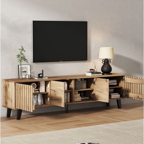 Meuble TV en panneaux de particules décor bois naturel 180 x 40 x 55 cm, 8 compartiments, 4 portes, pour TV jusqu'à 70 pouces (1/5)