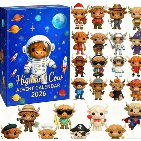 2D highland cow adventskalender 2026 - 24 vakken - meerdere kleuren - acryl materiaal - afmeting 27x19x4 cm - ruimte highland cow kerst hangornamenten set - geschikt voor kerstfeest en kerstboom inter (1/5)