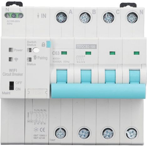 Disjoncteur sur rail DIN, interrupteur intelligent Wi-Fi sans fil pour appareils électroménagers, 4 pôles, 145 à 295 V, 63 A (1/5)