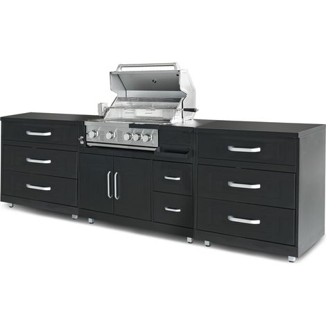 Oviala – Cuisine d'extérieur 3 éléments – Barbecue à gaz avec 4 brûleurs tubulaires – Meubles de plan de travail avec tiroirs – Dimensions 284x66x96cm