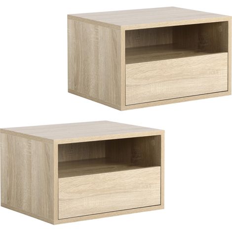 Lot de 2 tables de chevet murales tiroir coulissant niche plateau panneaux particules aspect chêne clair (1/5)