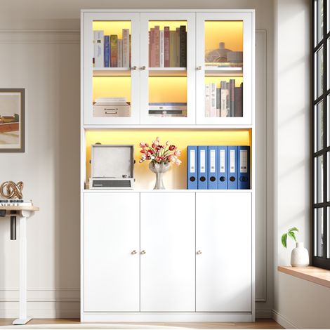 Libreria alta 100x35x200 cm con vetrina in vetro e LED, armadio bianco in MDF (1/5)