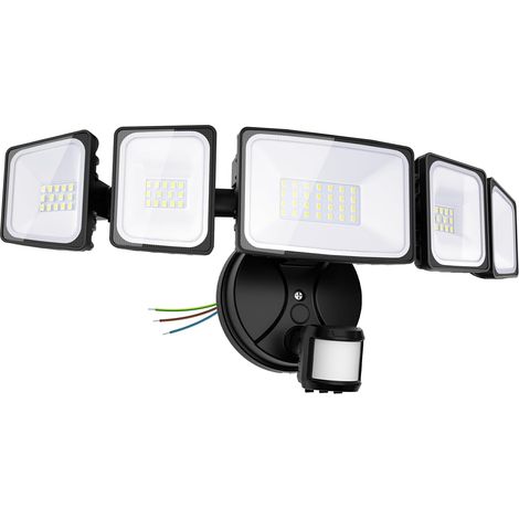 Projecteur LED 5 têtes 55W avec détecteur de mouvement, IP65 Etanche Spot Lampe 3 Tête, 6500K Blanc Froid Éclairage de Sécurité Extérieur PIR pour Jardin, Cour, Entrée, Terrace (1/5)
