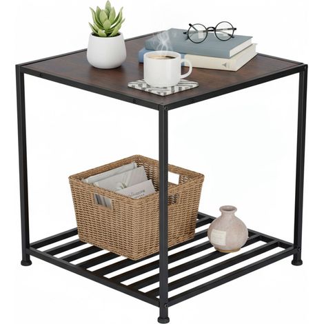 Relaxdays side table, with shelf, HWD: 50x50.5x50.5 cm, industrial, side table for living room & bedroom, metal, brown