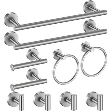 10-teiliges Badezimmer-Accessoire-Set, 2 Handtuchstangen, 2 Toilettenpapierhalter, 2 Handtuchringe, 4 Bademantelhaken, Edelstahl, Schraubbefestigung (Oberfläche)