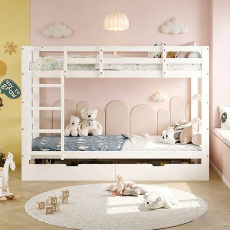 Letto singolo 90x200 cm trasformabile in 2 letti, legno massello bianco con cassetti e sponde di sicurezza