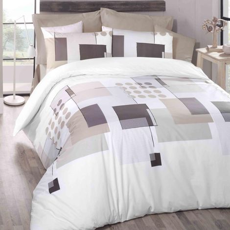 Parure de lit avec Housse de Couette + 2 taies d'oreiller 240 x 220 cm Blanc/Beige/Gris