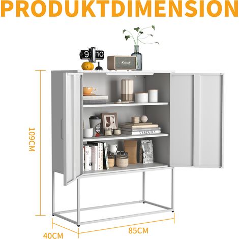 Buffet métallique autoportant 2 étagères portes magnétiques anti-basculement pour salon cuisine bureau H109xL85xD40 cm blanc.