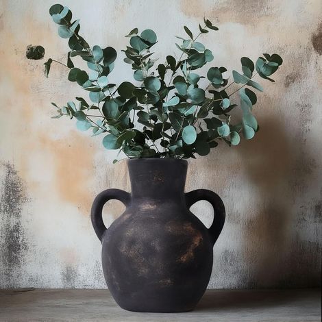 Vase à fleurs rustique en céramique avec 2 poignées, en terre cuite noire, vase décoratif en céramique pour décoration d'intérieur, table, mariage, salon, étagère (noir) (1/5)