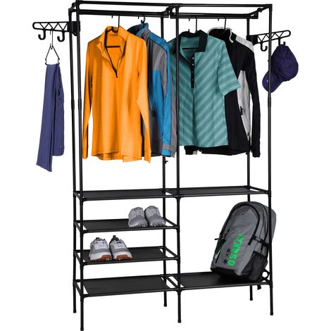 Portemanteau métallique avec 6 étagères et tringle à vêtements - 170 x 108 cm - portemanteau noir indépendant - armoire ouverte portemanteau armoire d'entrée avec étagère à chaussures
