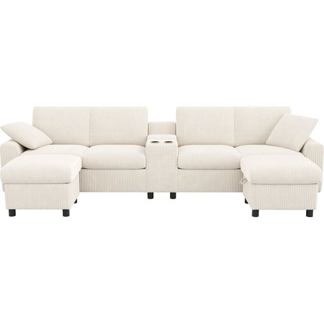 Sofá en U de pana beige con 2 pufs con almacenamiento, USB y enchufes HOMVRA (1/5)