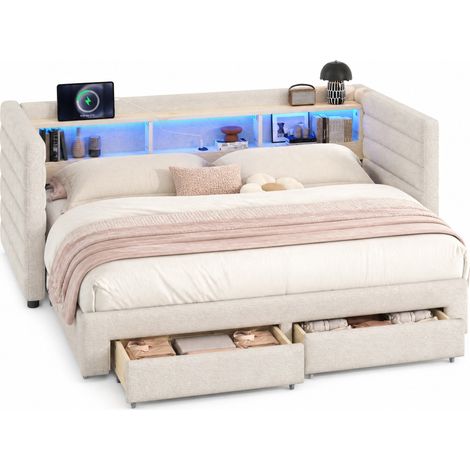 Canapé-lit 90 x 190 cm en velours beige avec LED multicolore, USB et USB-C, 2 tiroirs, rangements et lit extensible, sans matelas - CHICFURN (1/5)