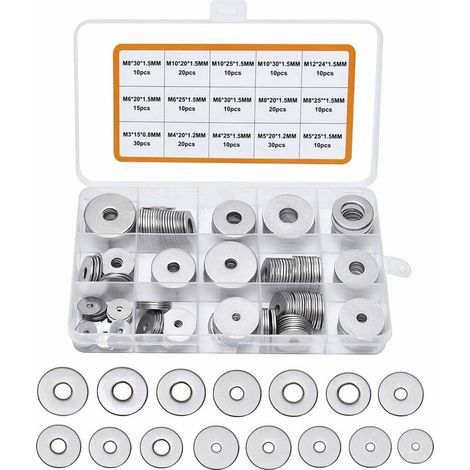 225PCS Rondelles Plates en 304 Acier Inoxydable Assortiment,M3 M4 M5 M6 M8 M10 M12 Rondelle Plate pour L'étanchéité des Vis Bagues D'étanchéité-Livré avec boîte (Gris) (1/5)