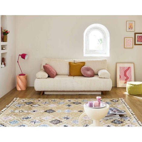 Bestmobilier – Canapé convertible 3 places avec coffre – Fausse fourrure côtelée beige – Dossier rabattable – Couchage 140x187 cm (1/5)