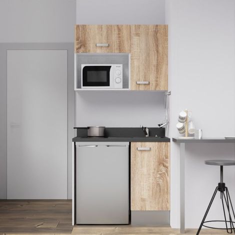 Cuisibane – Kitchenette 100 cm avec évier à droite – PlaniQuartz noir – Emplacements frigo top et micro-ondes – Meubles en bois dur