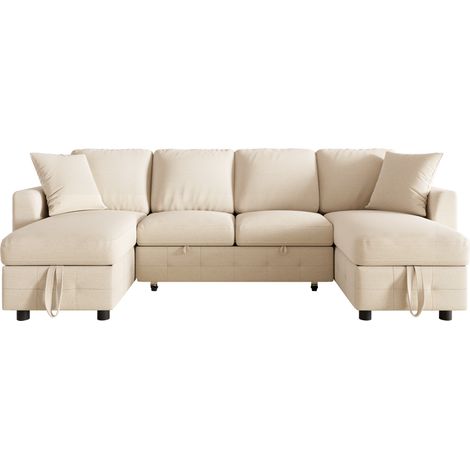 Sofá cama U de chenilla con almacenaje, USB y Type-C, beige, 260 x 128 x 82 cm (1/5)