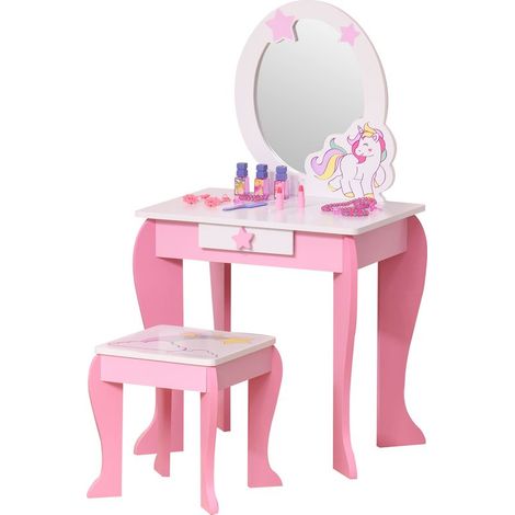 Coiffeuse Enfant Design Licorne - Tabouret Inclus - dim. 49L x 34l x 90H cm - tiroir, Miroir - MDF - Rose Blanc (1/5)