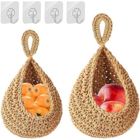 Lot de 2 paniers à fruits suspendus tressés pour la cuisine, avec crochets, pour le rangement des fruits. (1/5)