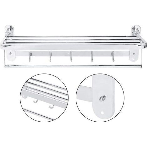 Porte-Serviette Support Salle de Bain Étagère Murale en Acier Inoxydable 304 Pliable avec 2 Couches de Rangement et 5 Crochets (1/4)