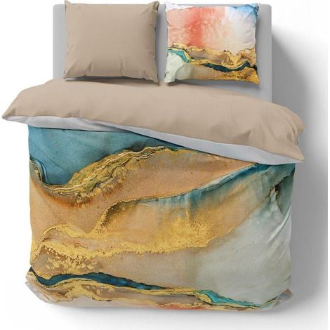 Linge de lit en satin minéral 220x200, motif marbre océan (1/3)