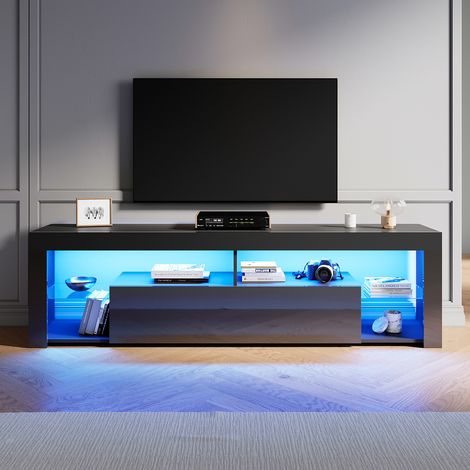 ELEGANT Modern TV Stands with LED Lights, Open Glass Shelves and Flip-Down Door Compartment, Suitable for Living Room and Bedroom, Black, 1800x350x505mm (1/5)