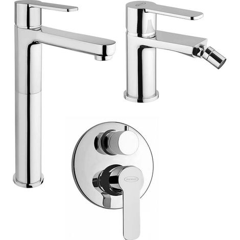 Set miscelatori lavabo alto + bidet + incasso doccia con deviatore Jacuzzi rubinetteria Eolo ottone cromato per piletta click clack (1/5)