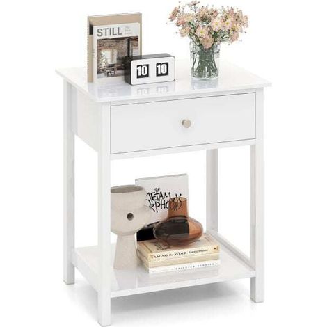 Wooden Bedside Table with Drawer Sofa Table with Open Shelf Mid-Century Style Multifunctional Side Table White (1/5)