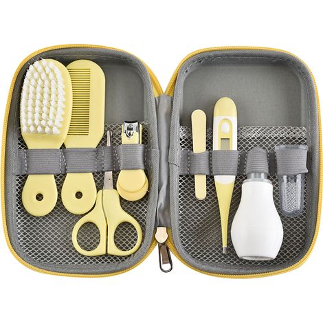 Trousse de Soins Bébé avec Brosse à Cheveux, Coupe-Ongles, Nettoyeur Nez, Brosse à Dents Doigt et Ciseaux - Soins Nouveau-né Garçons Filles Jaune (1/5)