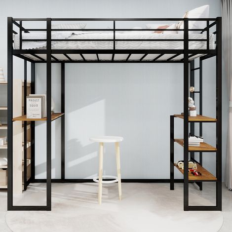 Cama alta de 90 x 200 cm - cama infantil con somier y mesa, escaleras a ambos lados - Hierro - Negro (1/5)
