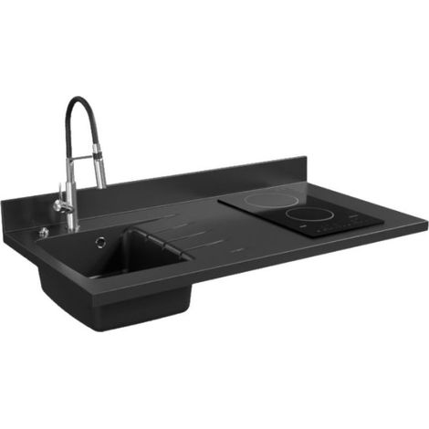 Plan de travail monobloc PlaniQuartz avec évier - 120 cm - Nero - évier à gauche - Plaque de cuisson Vitrocéramique