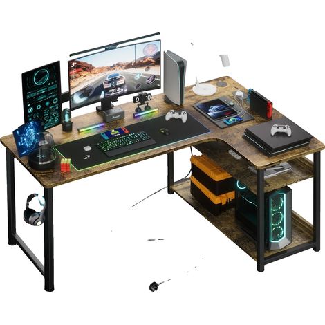 Bureau de jeu, design en L, chargement USB intégré, Marron (1/2)