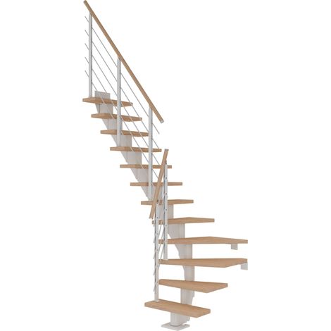 Dolle Mittelholmtreppe Frankfurt 1/4 gewendelt Eiche weiß, geölt 65 cm breit für GH 240 – 279 cm UK Metall Weiß mit Geländer