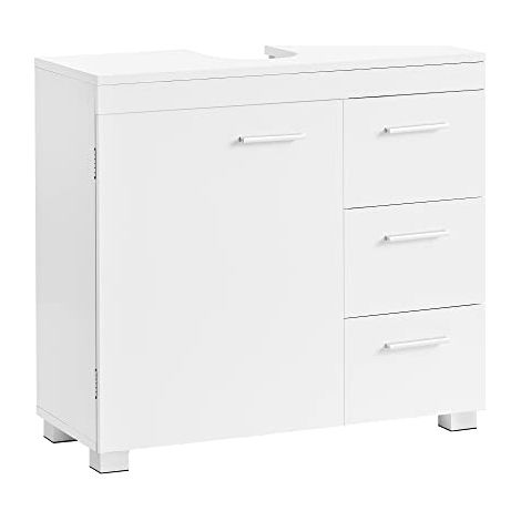 BBK503W10 Meuble de salle de bain avec 3 grands tiroirs, meuble de salle de bain, 2 compartiments derrière la porte, meuble de salle de bain avec pieds, 30 x 70 x 64 cm, blanc (1/5)