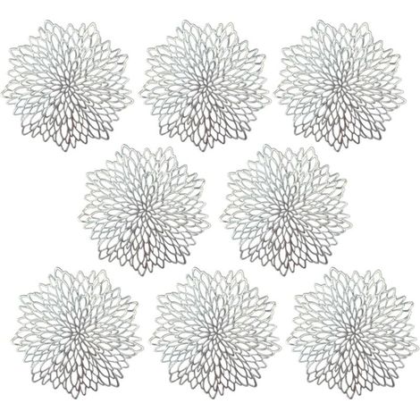 Placemats, PVC Placemats Set of 8 Washable Decorative Table Mats Hollow Heat Resistant Insulated Coasters Mats Durable PVC Table Mat, Silver (1/5)