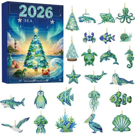 Adventskalender 2026 – 24-teilig – grün-blau – Acryl – 8 cm flache Hängeornamente – Mosaikdesign mit Meerestieren – Christbaumschmuck – geeignet für Weihnachten und als Dekoration für den Wohnbereich (1/5)