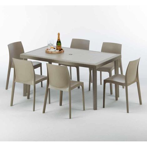 Mesa Rectangular Beige 150x90 cm y 6 Sillas De Colores Marion