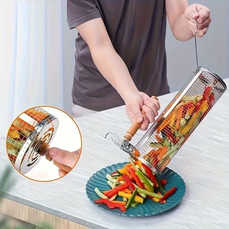 Ensemble de barbecue 3 pièces en acier inoxydable 304 avec manche en bois, panier à griller et pinces pour le camping, les pique-niques au jardin et le jardin (1/5)