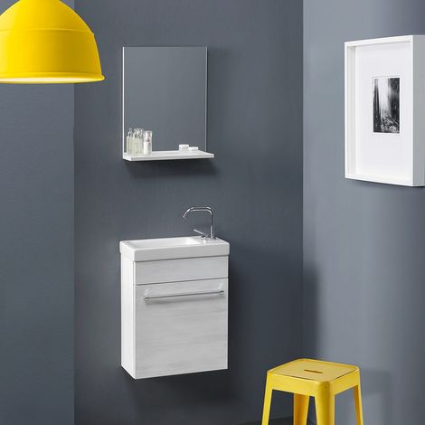 Kiamami Valentina – Meuble salle de bains gain de place 42x106,5 cm – Lavabo céramique – Miroir avec tablette – Finition chêne blanchi (1/5)