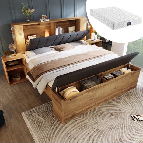 FLORAGRACE Letto matrimoniale 160 x 200 cm in legno marrone chiaro con materasso, testiera apribile, lampade lettura USB, 2 comodini e panca contenitore (1/5)