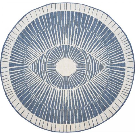 Tapis rond d'extérieur, kilim reversible LYN2 B ROND REVERSIBLE Ø160cm bleu et crème