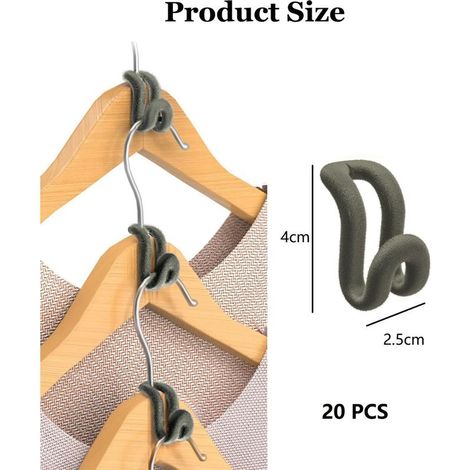 Lot de 20 crochets de connexion pour cintres, revêtement en velours antidérapant, gain de place - Gris (1/5)