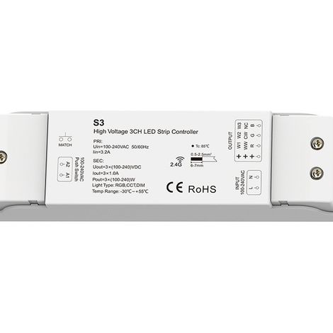 S3 high-voltage LED strip controller, 3 channels 1A, 110-240V AC, with RF dimming and push button